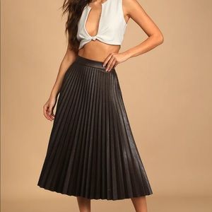 Lulus Go Time Dark Black Vegan Leather Pleated Midi Skirt.